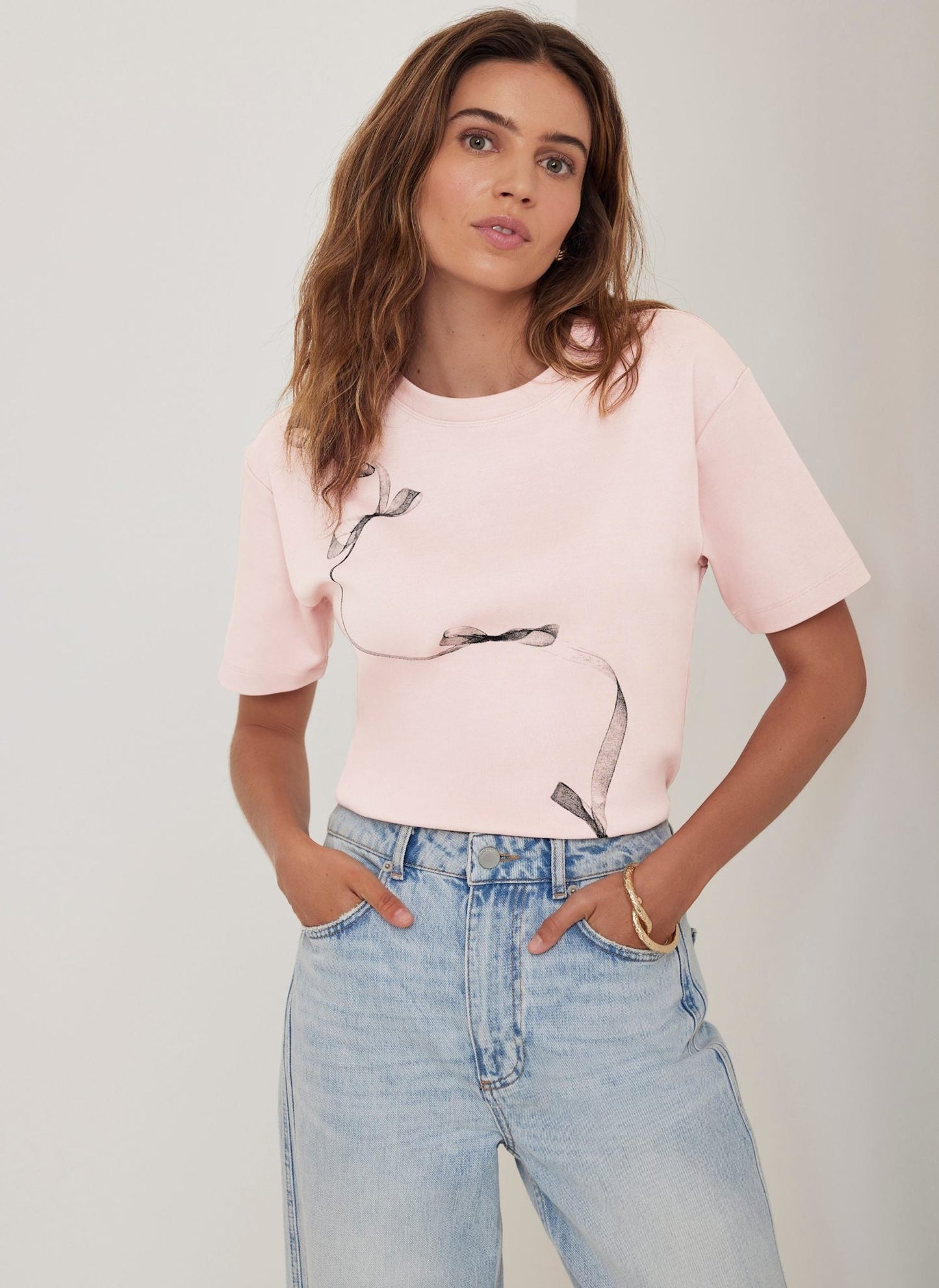 Pink Cotton Ribbon Print T-Shirt