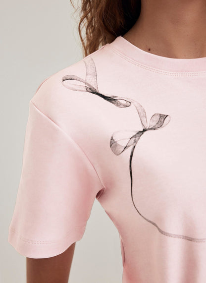 Pink Cotton Ribbon Print T-Shirt