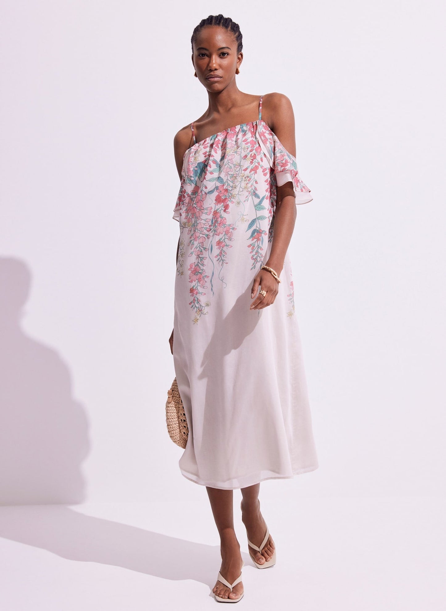 Pink Floral Print Midi Dress