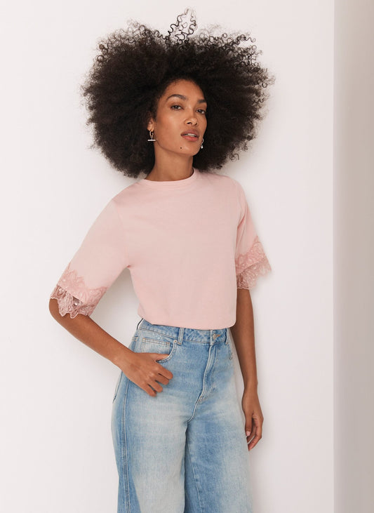 Pink Cotton Lace Trim T-Shirt