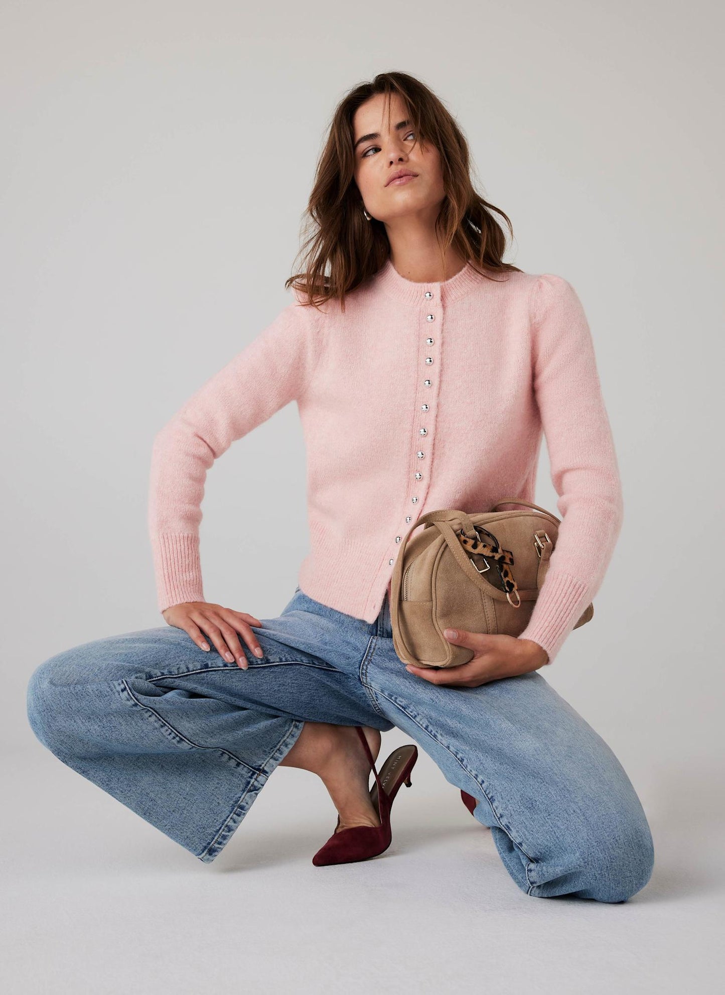 Pink Wool Blend Knit Cardigan