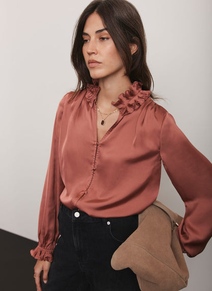 Pink Ruffle Satin Blouse