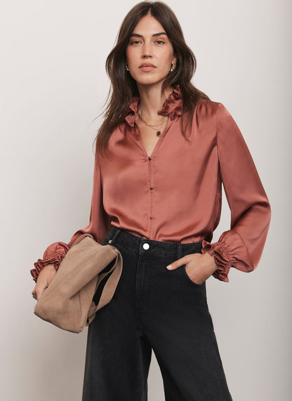 Pink Ruffle Satin Blouse
