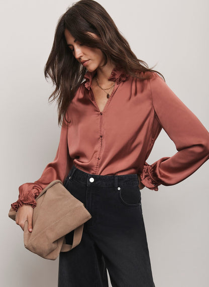 Pink Ruffle Satin Blouse