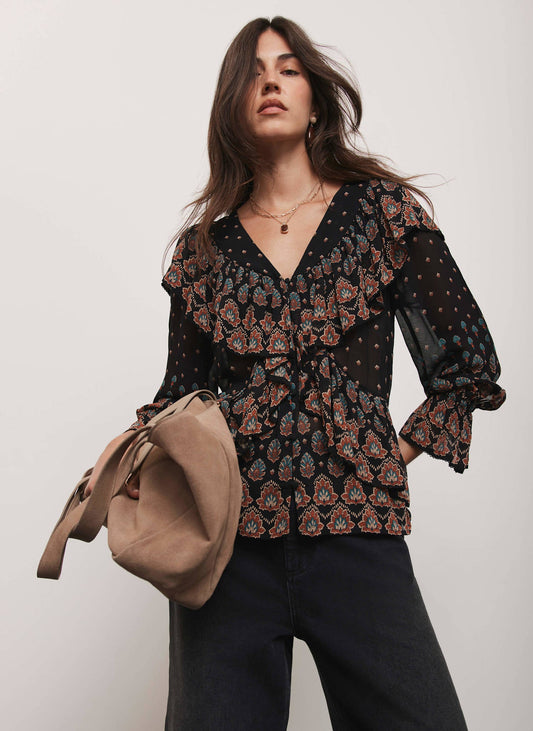 Black Boho Print Ruffle Blouse
