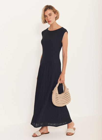 Navy Pleated Midi Dress