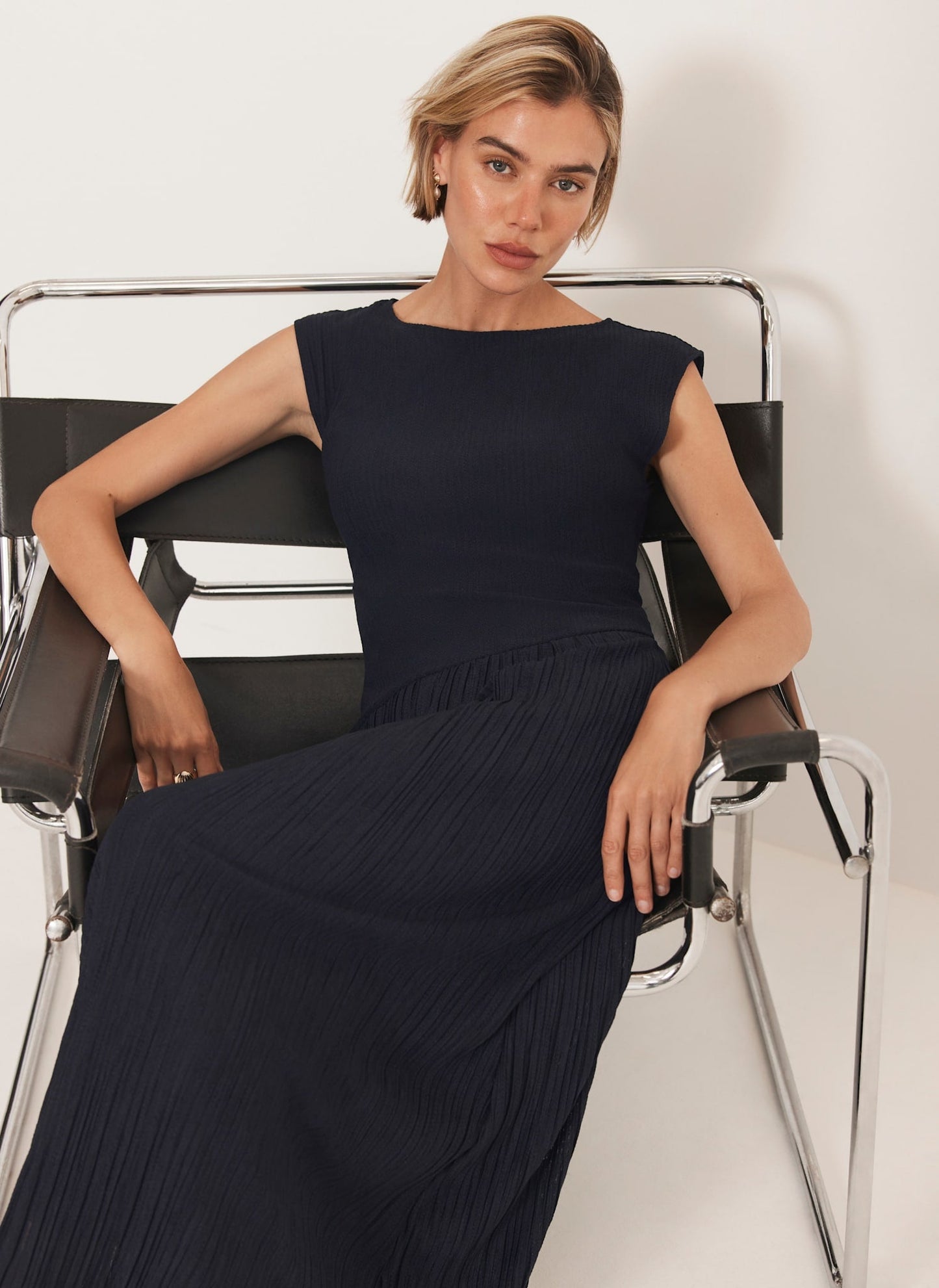 Navy Pleated Midi Dress