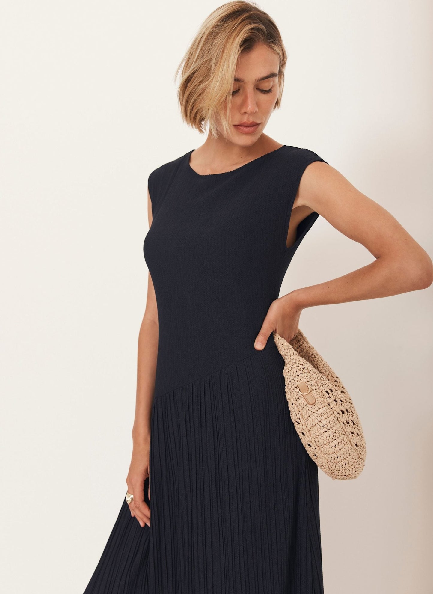Navy Pleated Midi Dress