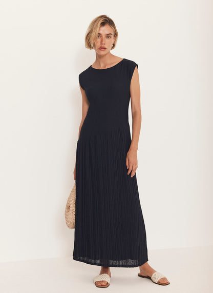 Navy Pleated Midi Dress
