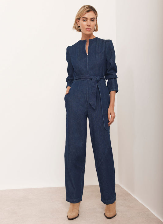 Navy Puff Sleeve Denim Jumpsuit