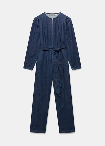 Navy Puff Sleeve Denim Jumpsuit