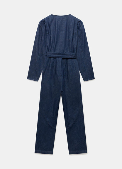 Navy Puff Sleeve Denim Jumpsuit