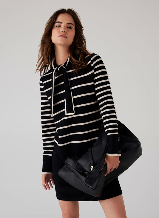 Black Striped Scarf Detail Knit Mini Dress