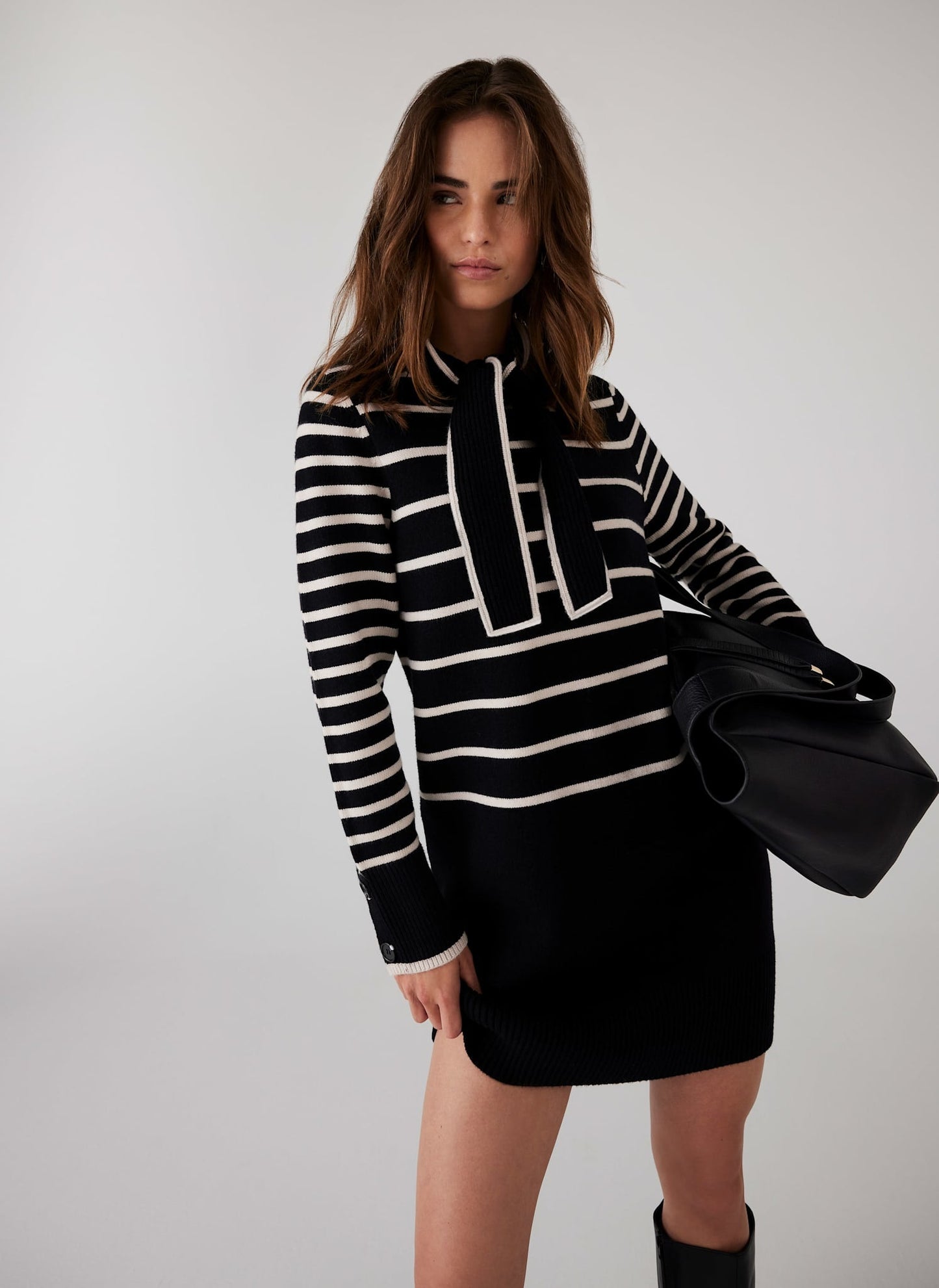 Black Striped Scarf Detail Knit Mini Dress