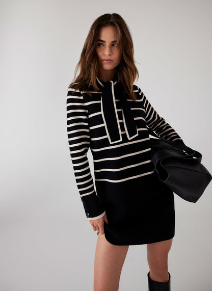 Black Striped Scarf Detail Knit Mini Dress