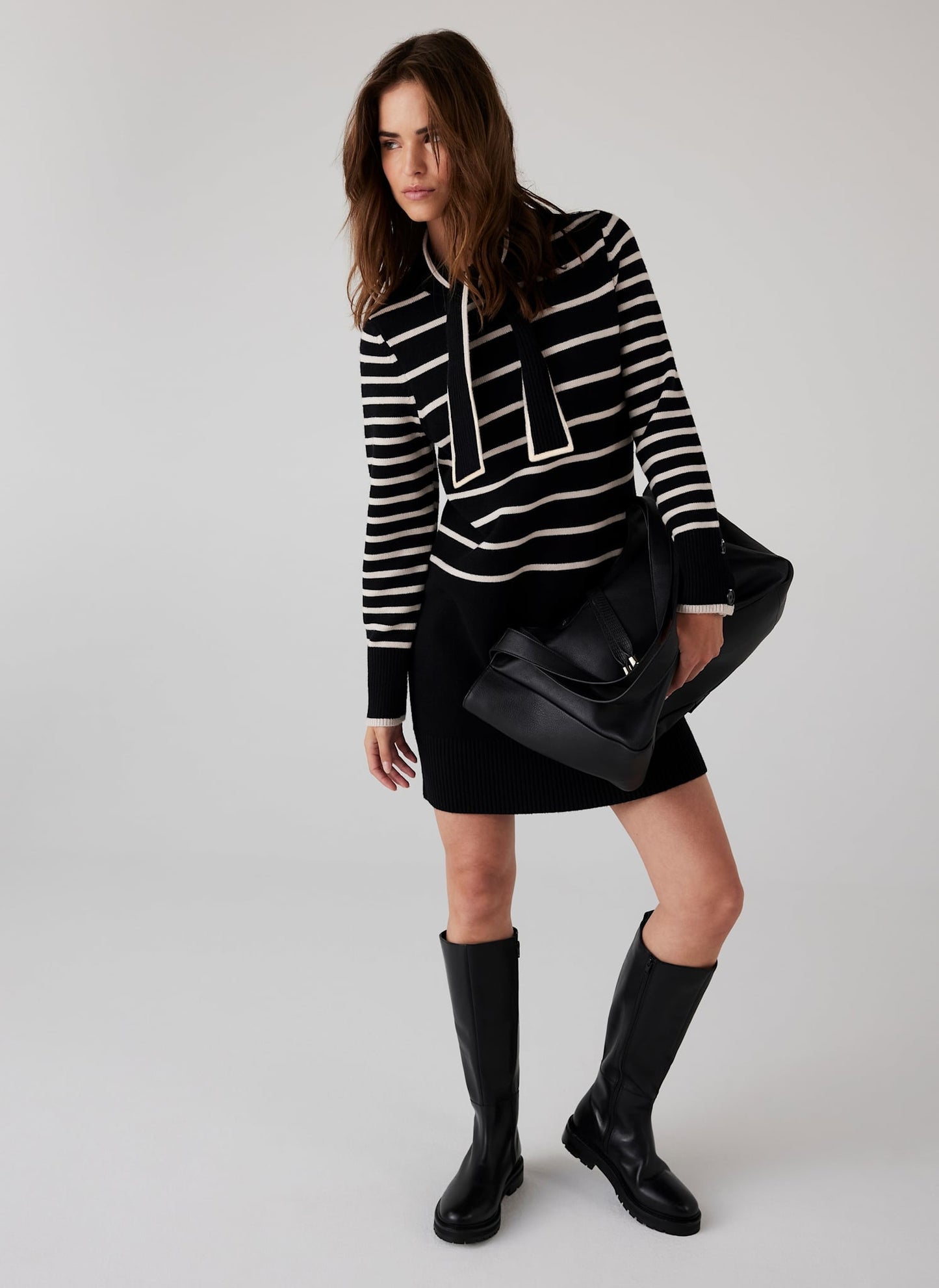 Black Striped Scarf Detail Knit Mini Dress