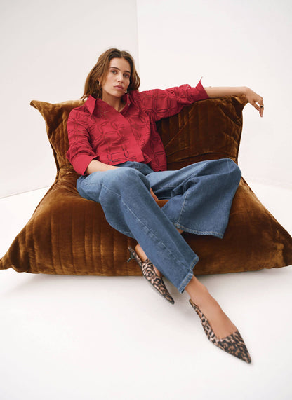 Red Broderie Cropped Shirt