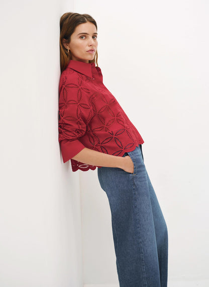 Red Broderie Cropped Shirt