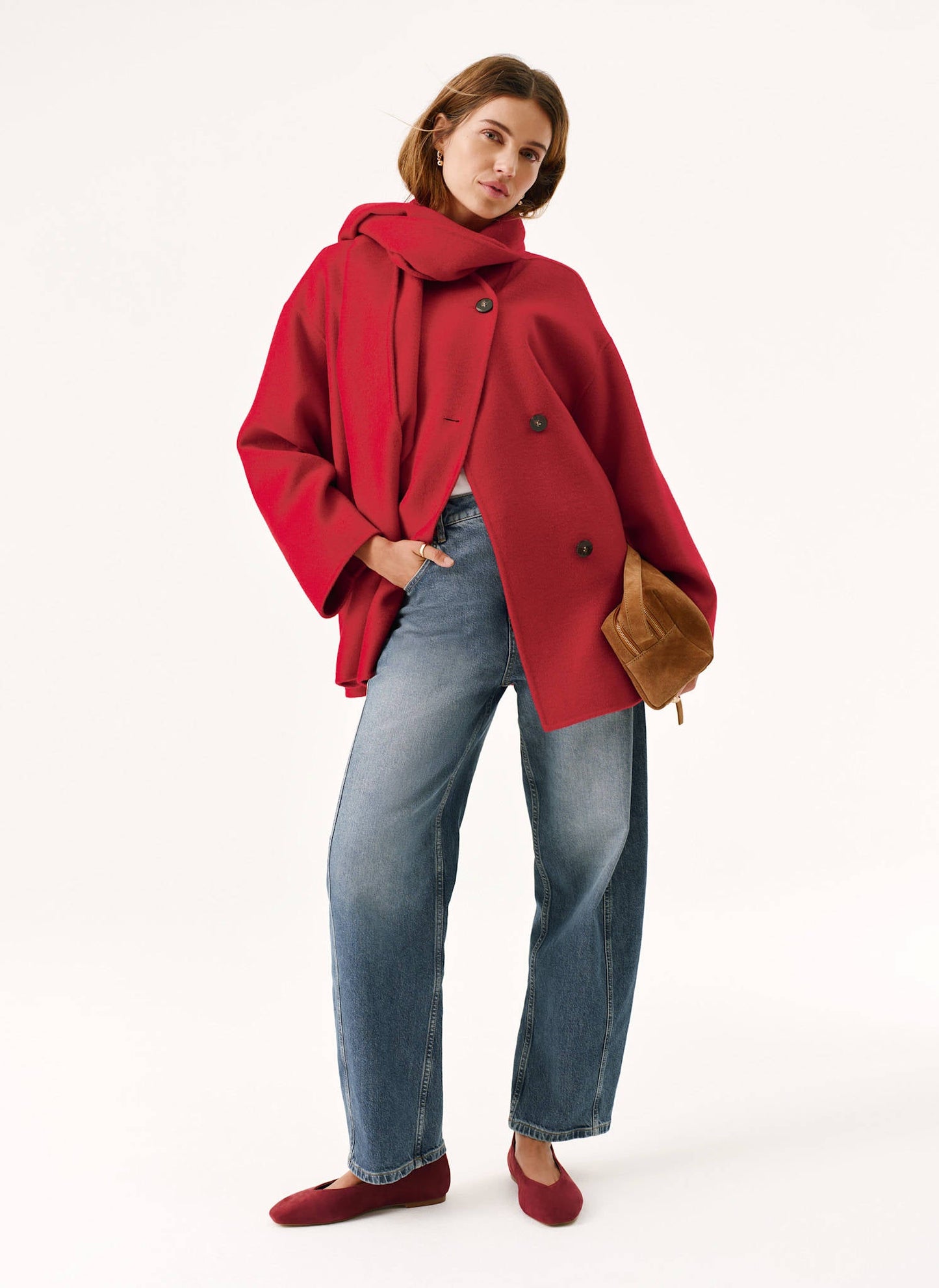 Red Wool Blend Hand Finished Scarf Coat