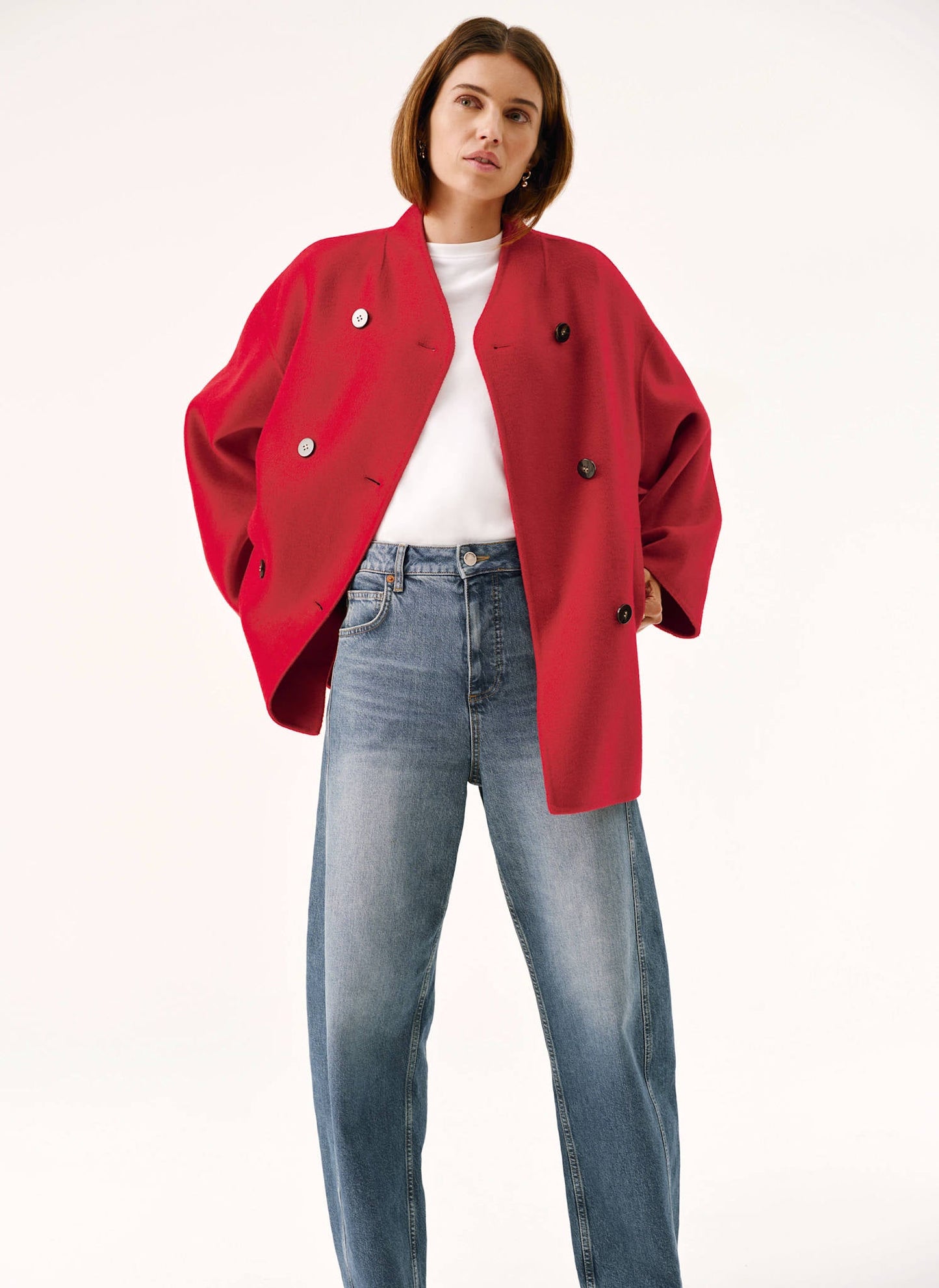 Red Wool Blend Hand Finished Scarf Coat