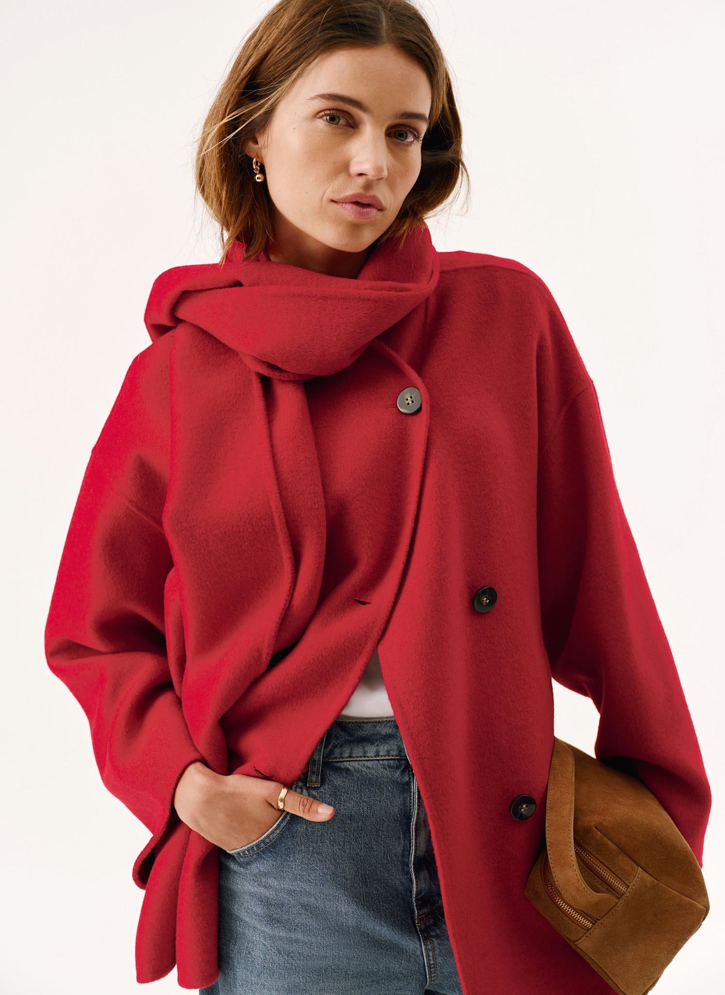 Red Wool Blend Hand Finished Scarf Coat