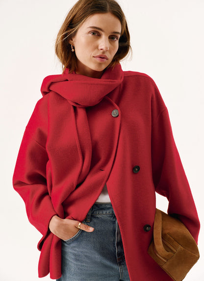 Red Wool Blend Hand Finished Scarf Coat