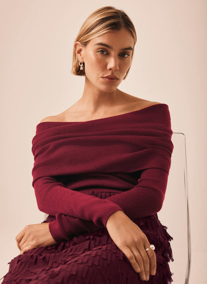 Burgundy Ribbed Bardot Top