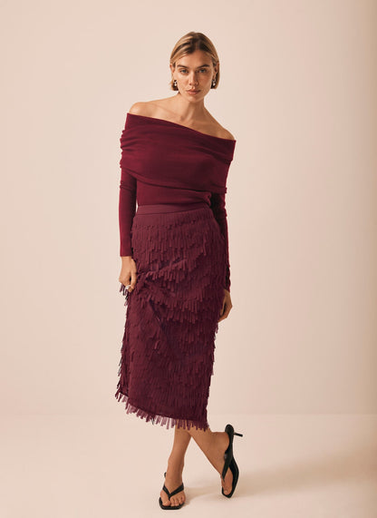 Burgundy Ribbed Bardot Top