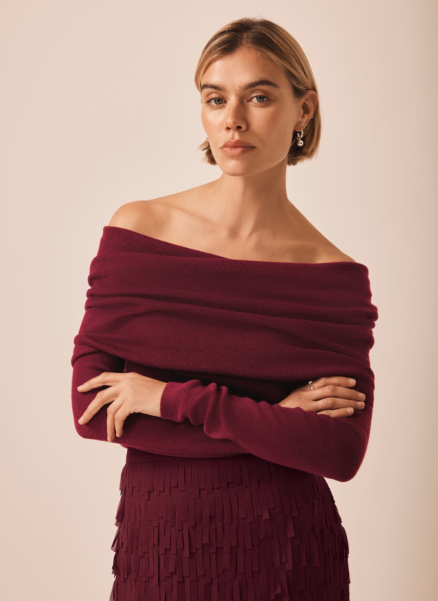 Burgundy Ribbed Bardot Top