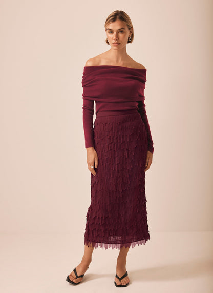 Burgundy Ribbed Bardot Top