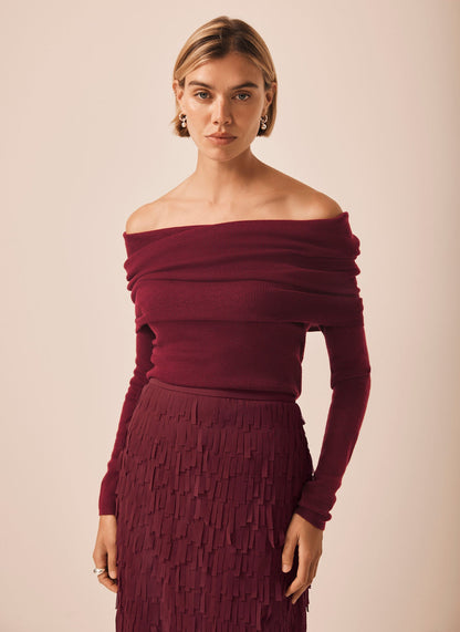 Burgundy Ribbed Bardot Top