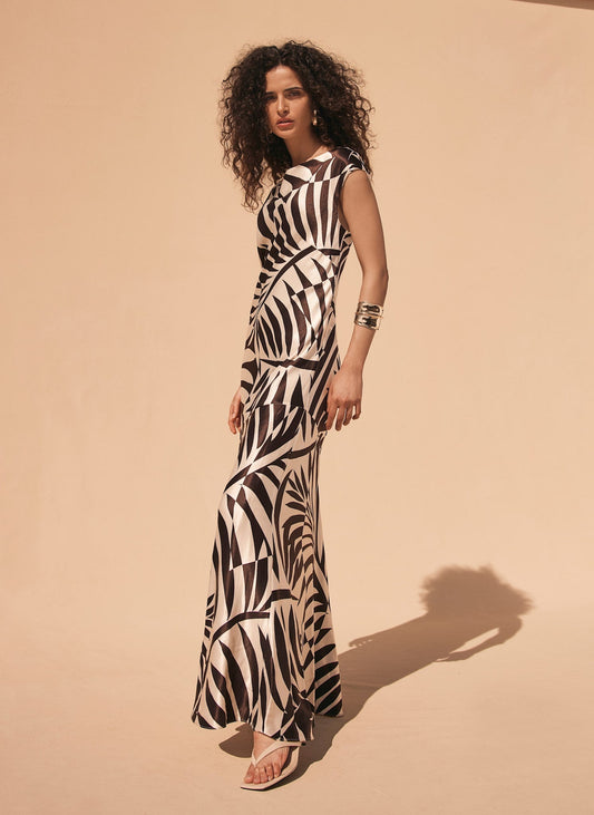 Brown Satin Palm Print Maxi Dress