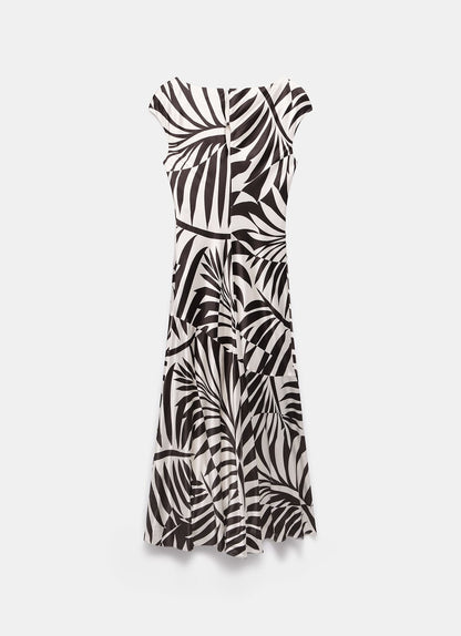 Brown Satin Palm Print Maxi Dress