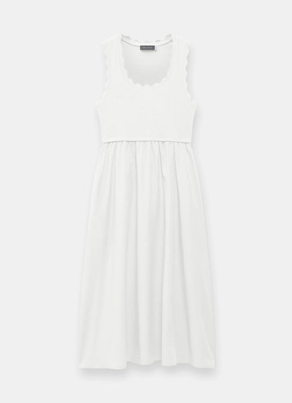 White Scallop Trim Midi Dress
