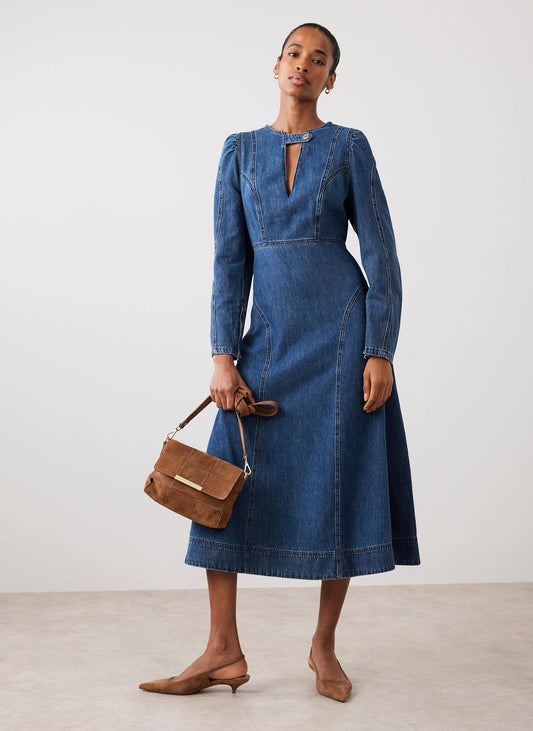 Indigo Denim Seam Detail Midi Dress