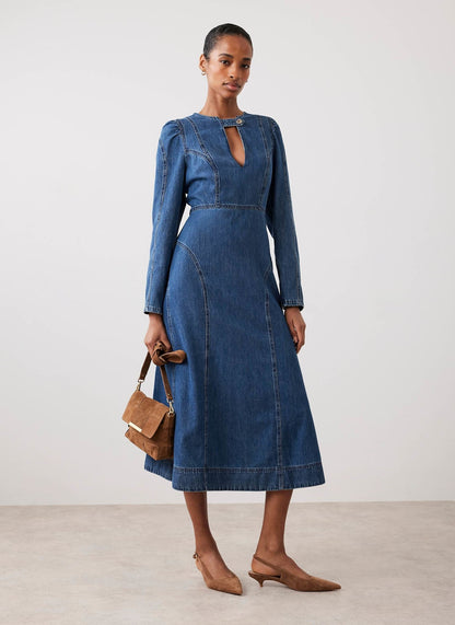 Indigo Denim Seam Detail Midi Dress