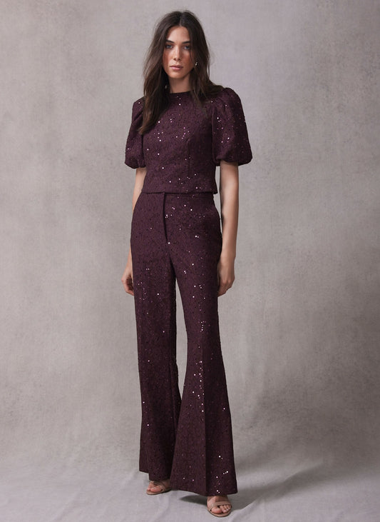 Burgundy Sequin Lace Flared Trousers
