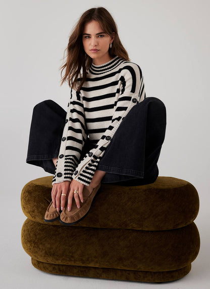 Cream Wool Blend Striped Longline Jumper