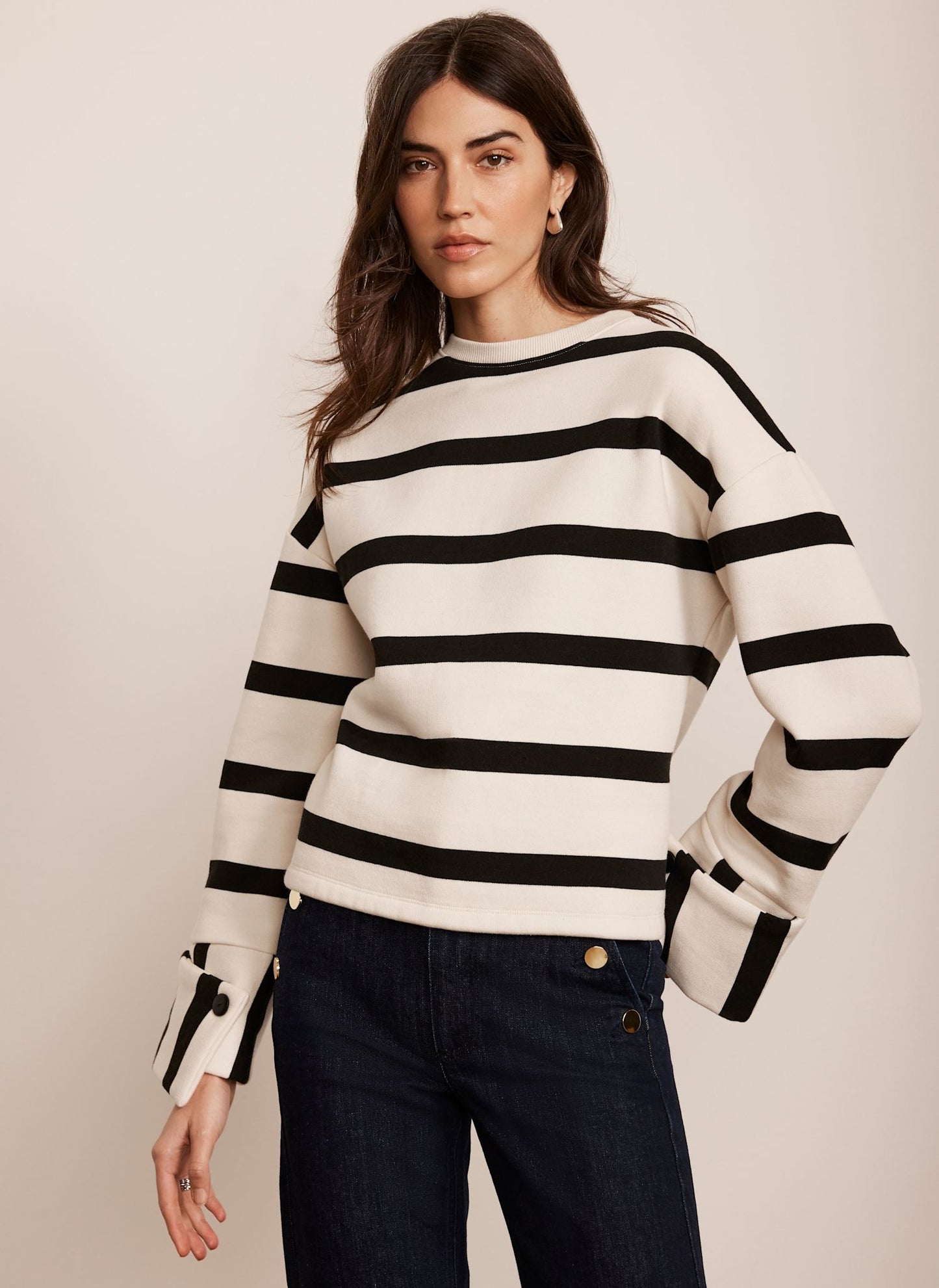Cream Striped Statement Cuff Sweatshirt