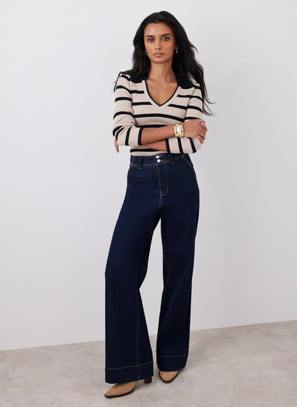 Cream Cotton Blend Striped Ribbed Top