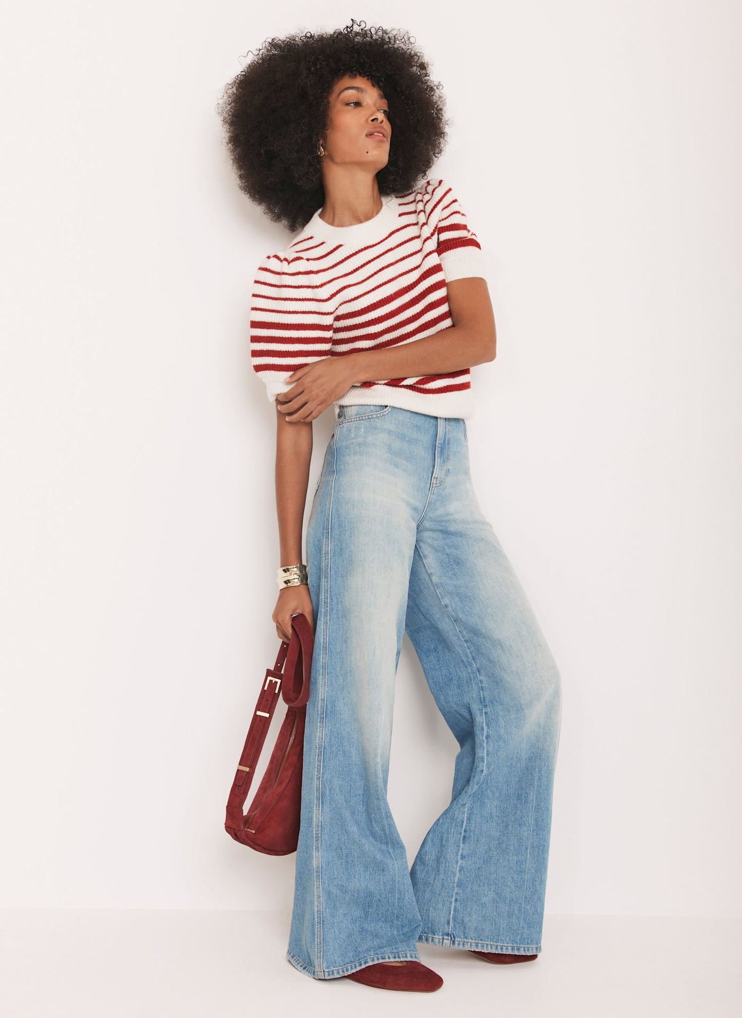 Red Striped Puff Sleeve Knit Top