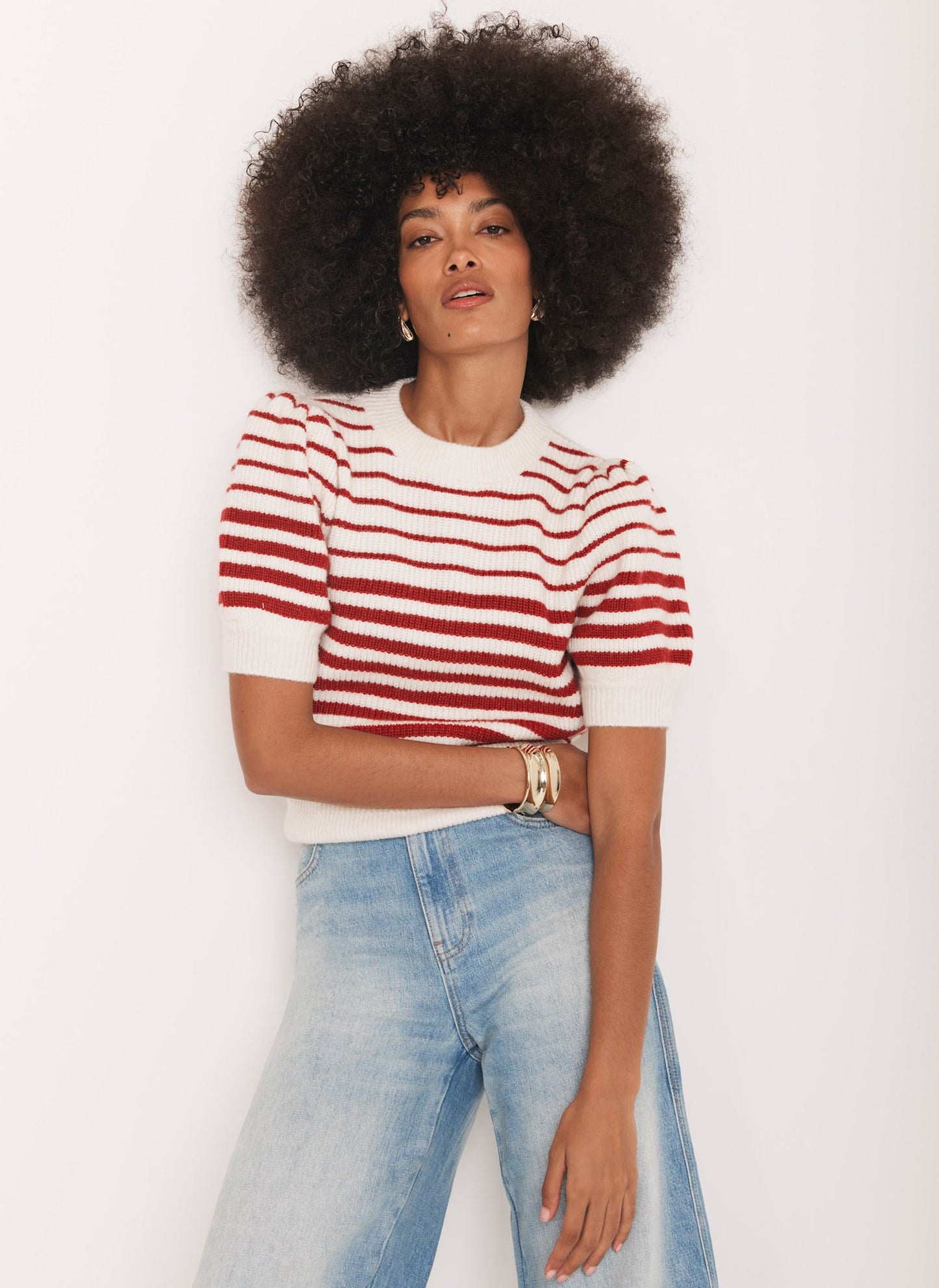 Red Striped Puff Sleeve Knit Top