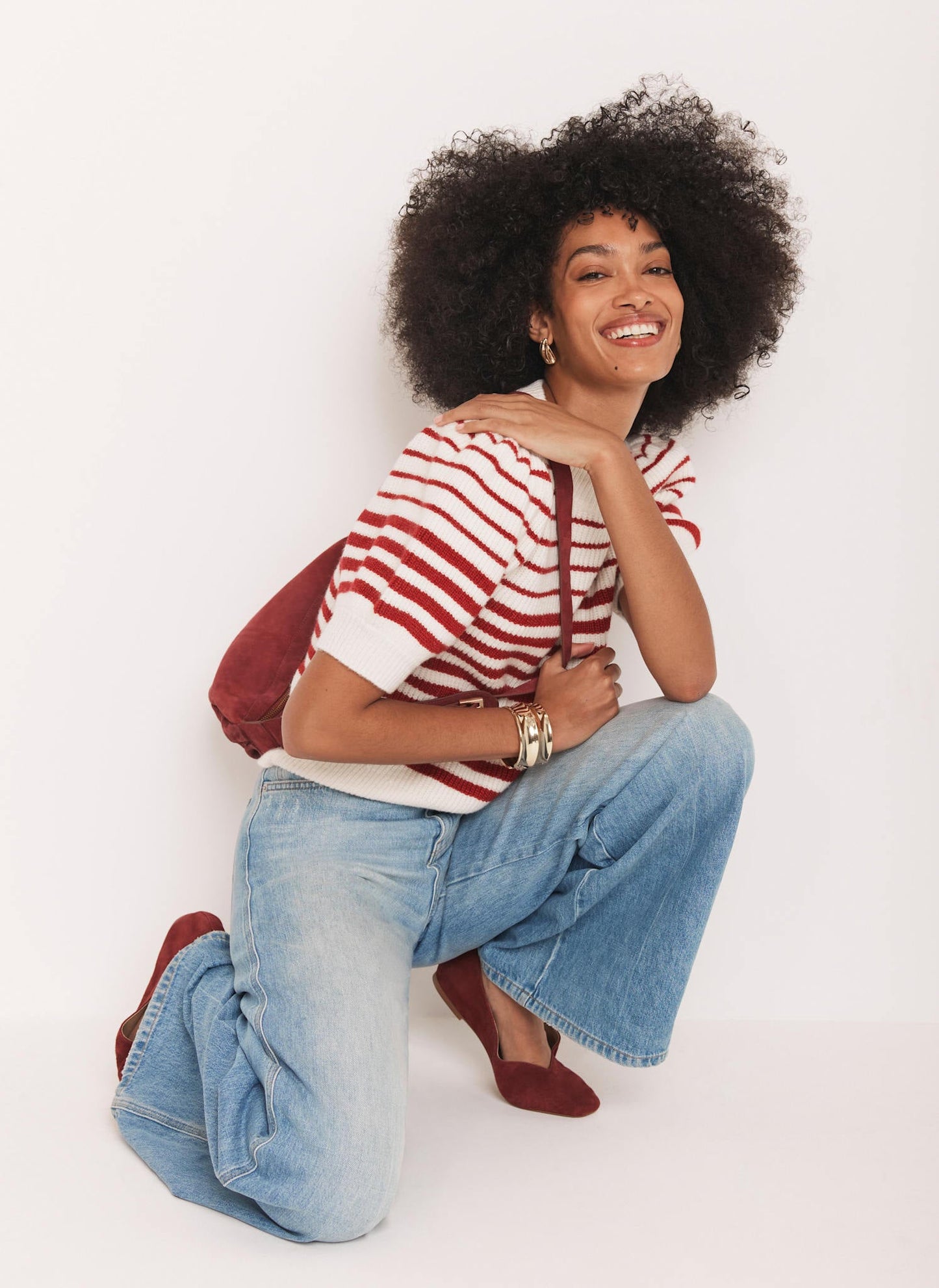 Red Striped Puff Sleeve Knit Top