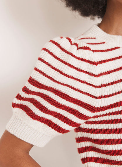 Red Striped Puff Sleeve Knit Top