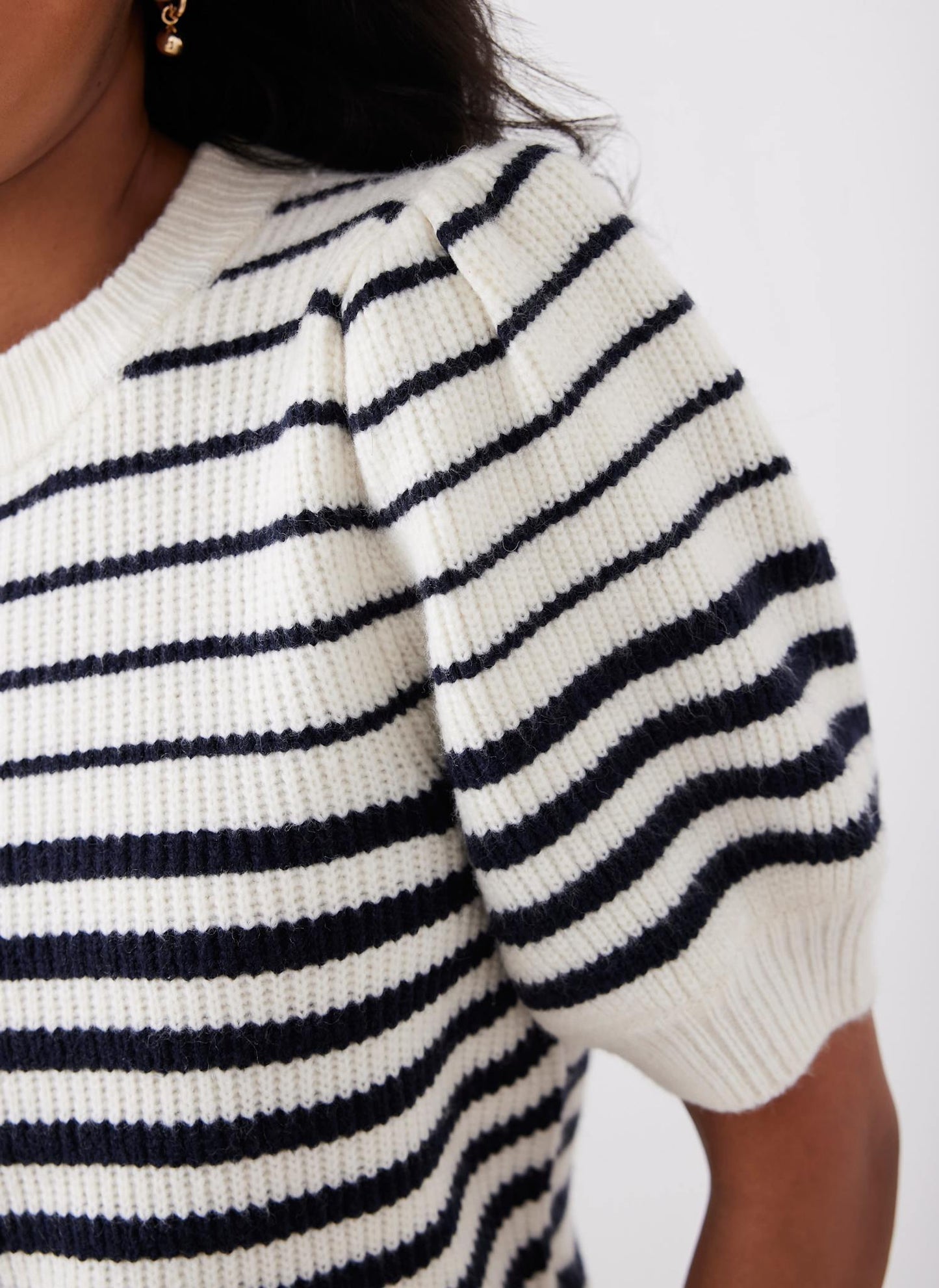 Navy Striped Puff Sleeve Knit Top