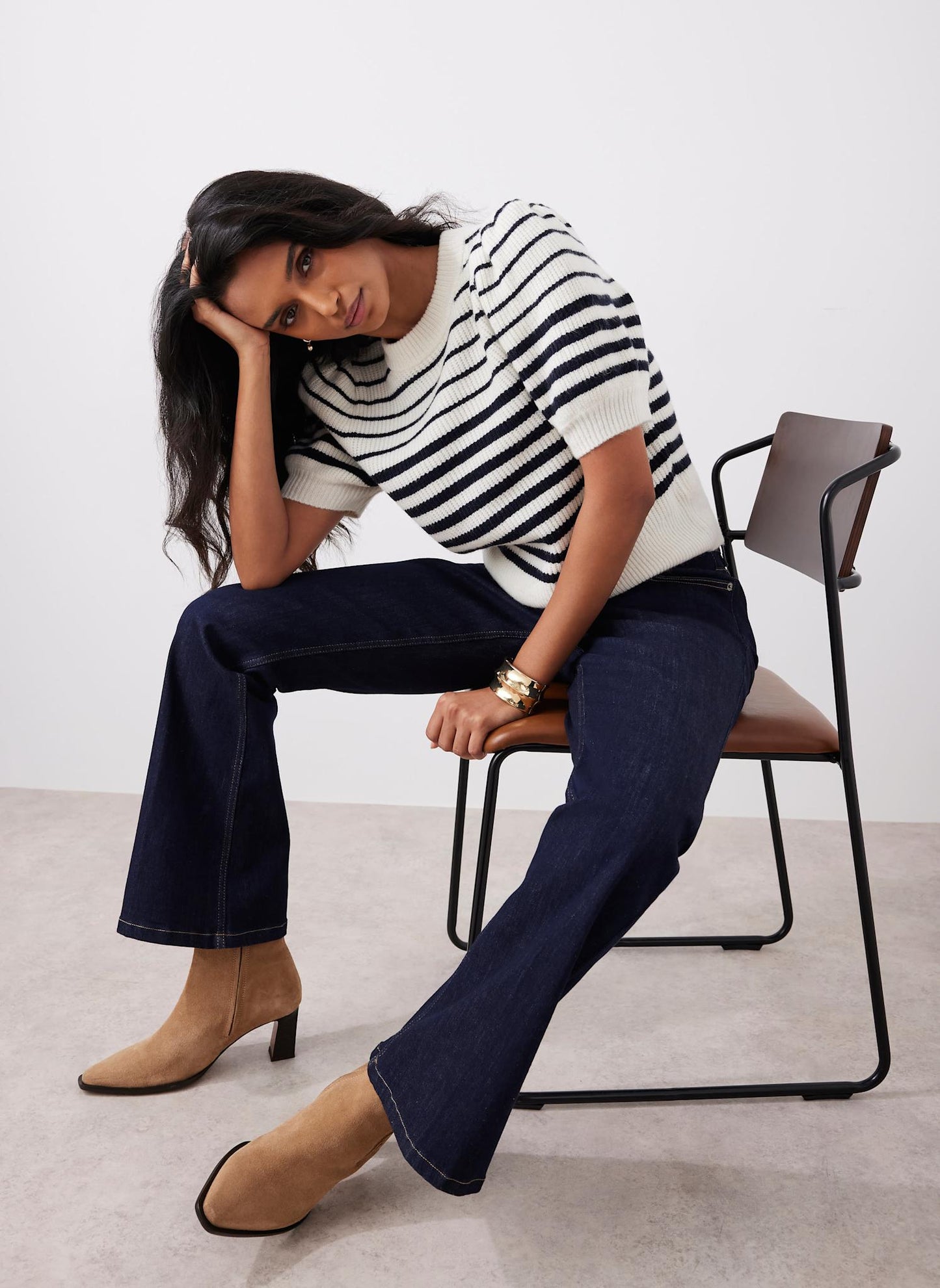 Navy Striped Puff Sleeve Knit Top