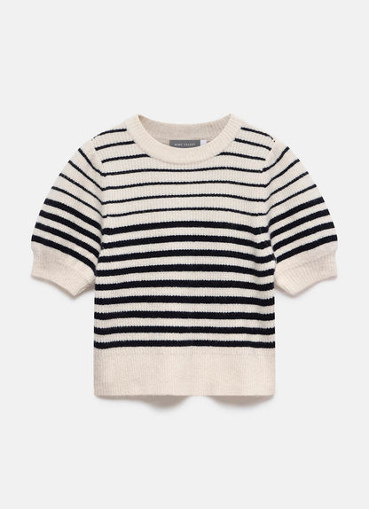 Navy Striped Puff Sleeve Knit Top