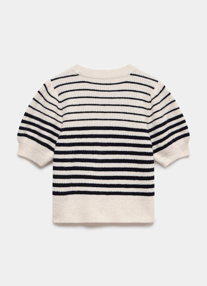 Navy Striped Puff Sleeve Knit Top