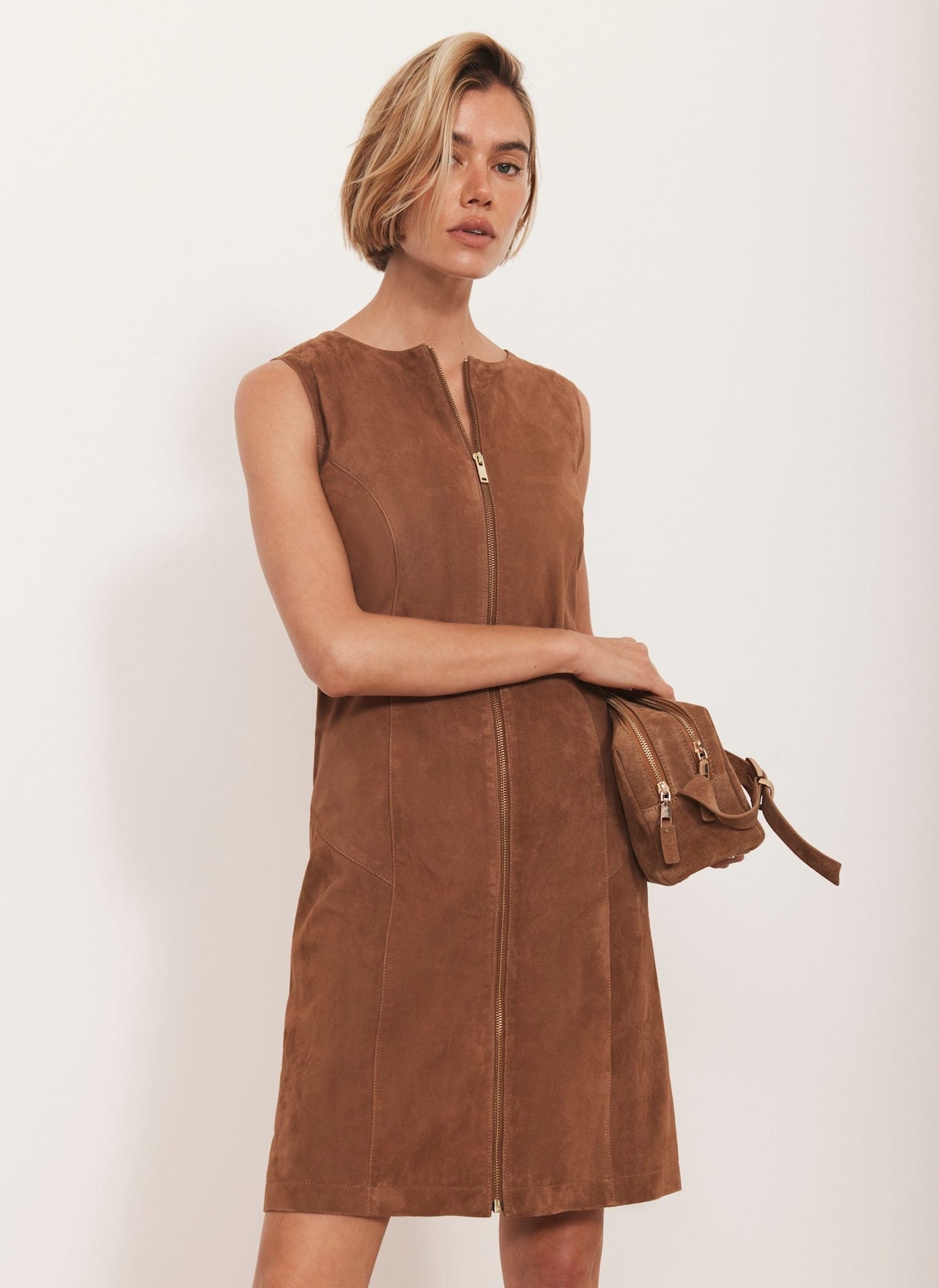 Neutral Suede Shift Mini Dress
