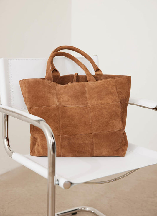 Tan Suede Woven Tote Bag